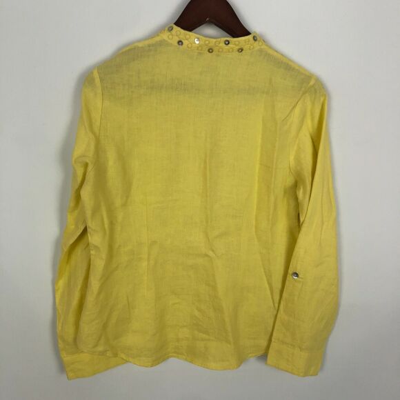 E-col-o-gie Yellow Embroidered Linen Button Front Long Sleeve Shirt Women Medium - Picture 6 of 7